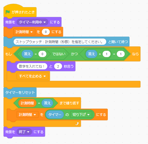 スクラッチのタイマー：ストップウォッチプロジェクトのスクリプト